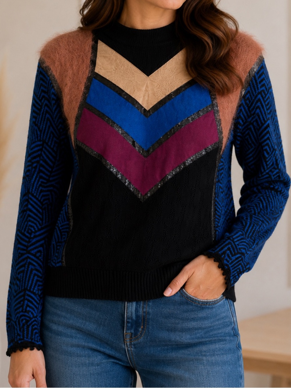 Vintage 80s Sweater Womens Medium Jayda New York Grometric Mohair Avant Garde
